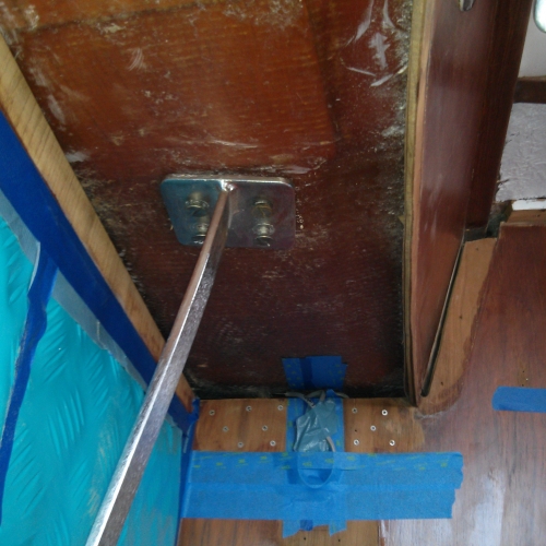 port salon overhead sanded and ready for new tabbing along bulkhead and above cabinets