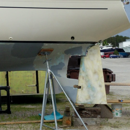 test fitting Pilgrim's modified rudder