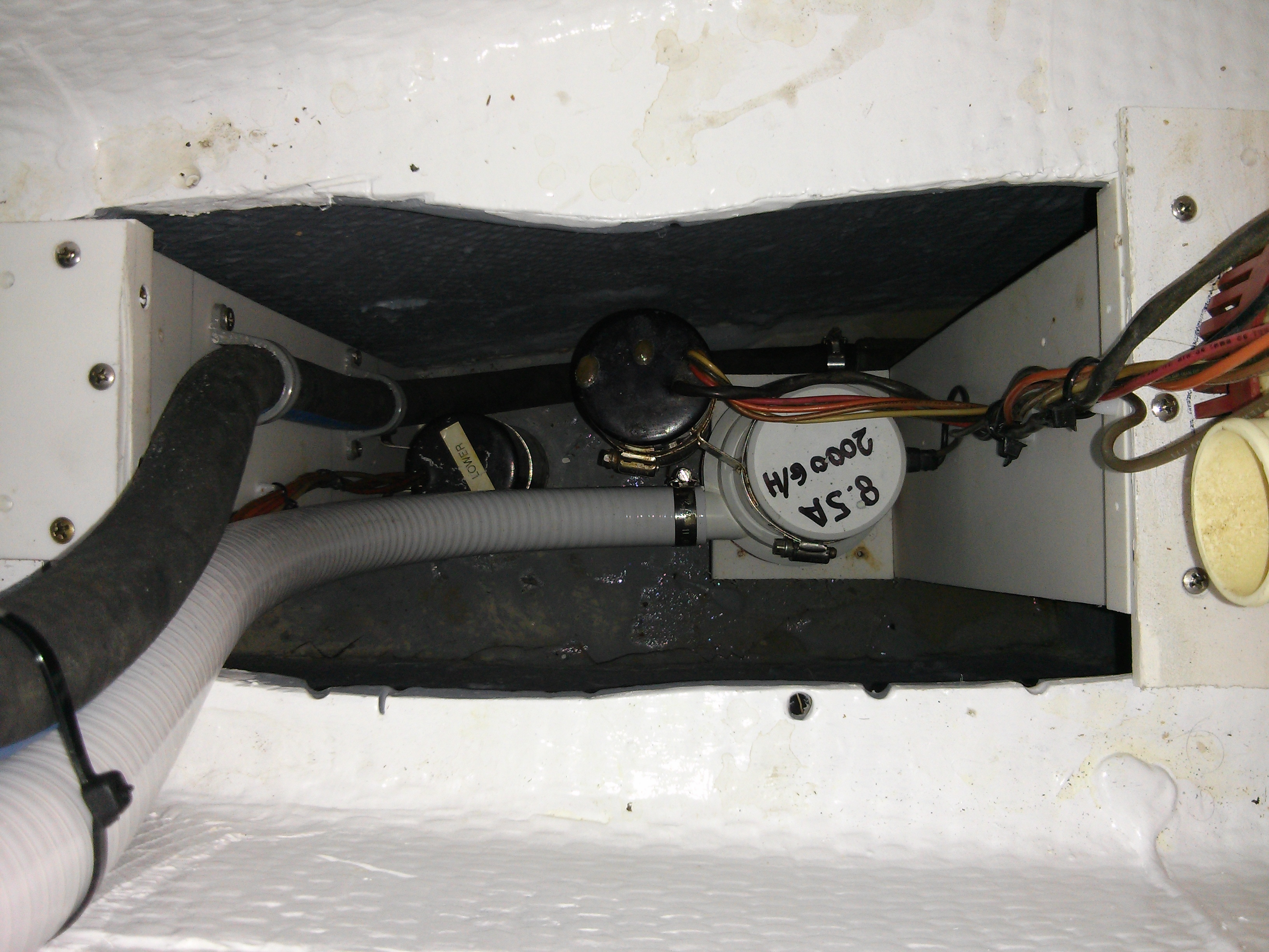 looking down into lower bilge with lower bilge pump float switch & hose on left and middle bilge pump & float switch on right